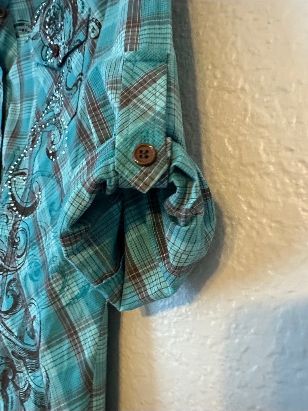 FANG Plaid Button-Up Shirt in Teal and Brown with bedazzle! - Picture 3 of 8